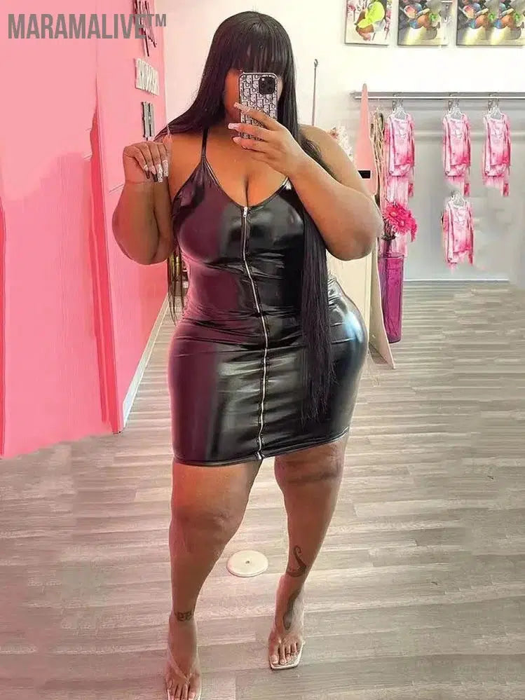 Plus Size Dresses 5xl Woman Clothing Plus Leather Bodycon Dress Pu Clubwear Sling Sexy Short Dress