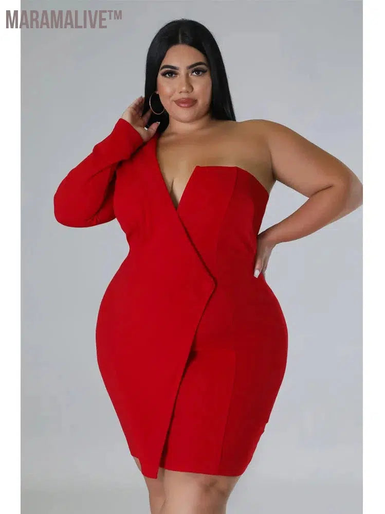 Plus Size Dresses Women Single Long Sleeve V Neck Solid Sexy Mini Suit Dress Party Dresses