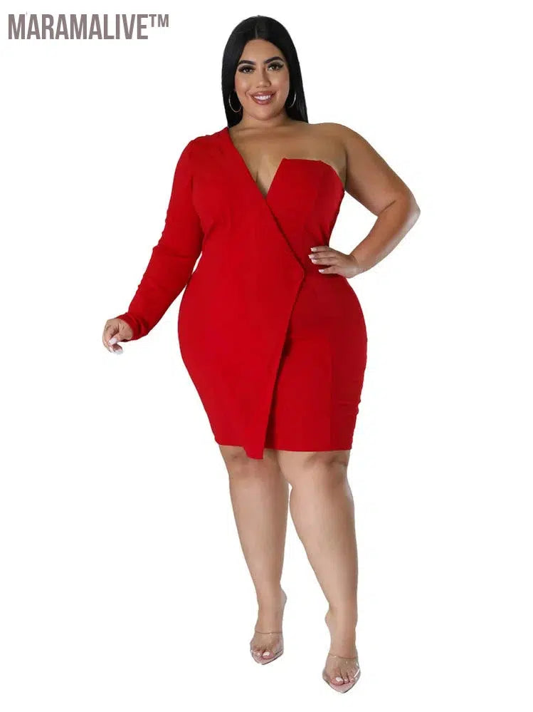 Plus Size Dresses Women Single Long Sleeve V Neck Solid Sexy Mini Suit Dress Party Dresses