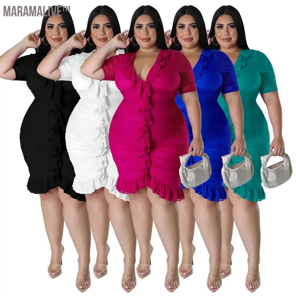 Plus Size Dresses for Women Draped V Neck Bodycon Elegant Solid Midi Dress New In Summer Clothes