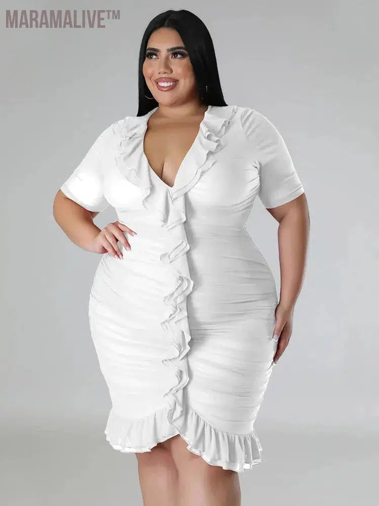 Plus Size Dresses for Women Draped V Neck Bodycon Elegant Solid Midi Dress New In Summer Clothes