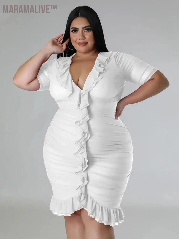 Plus Size Dresses for Women Draped V Neck Bodycon Elegant Solid Midi Dress New In Summer Clothes