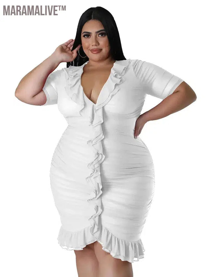 Plus Size Dresses for Women Draped V Neck Bodycon Elegant Solid Midi Dress New In Summer Clothes