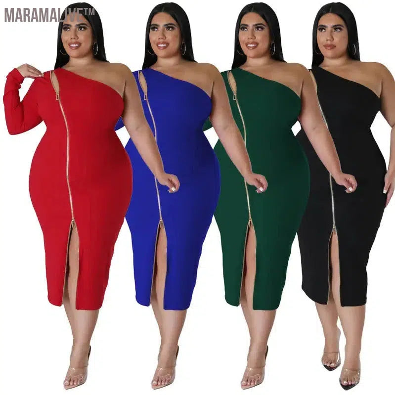 Plus Size Dresses for Women Single Sleeve Elegant Solid Sexy Zipper Maxi Dress New Summer Clothes