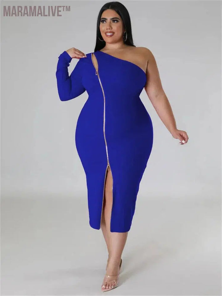 Plus Size Dresses for Women Single Sleeve Elegant Solid Sexy Zipper Maxi Dress New Summer Clothes