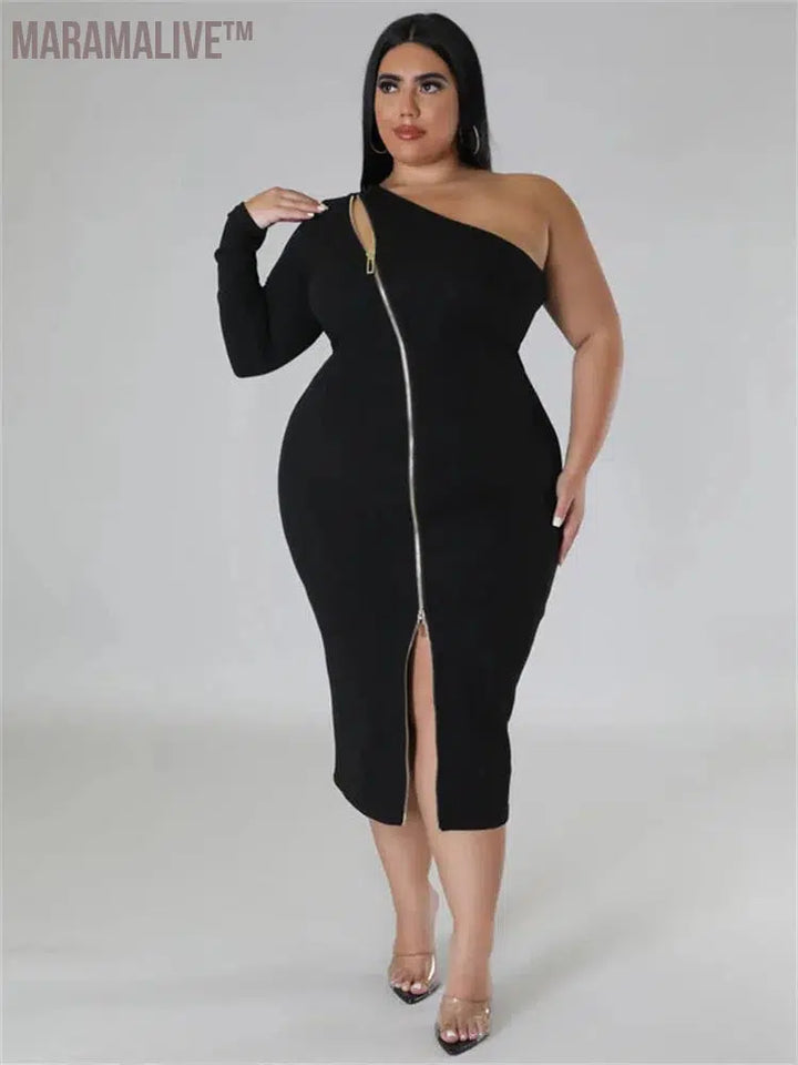 Plus Size Dresses for Women Single Sleeve Elegant Solid Sexy Zipper Maxi Dress New Summer Clothes