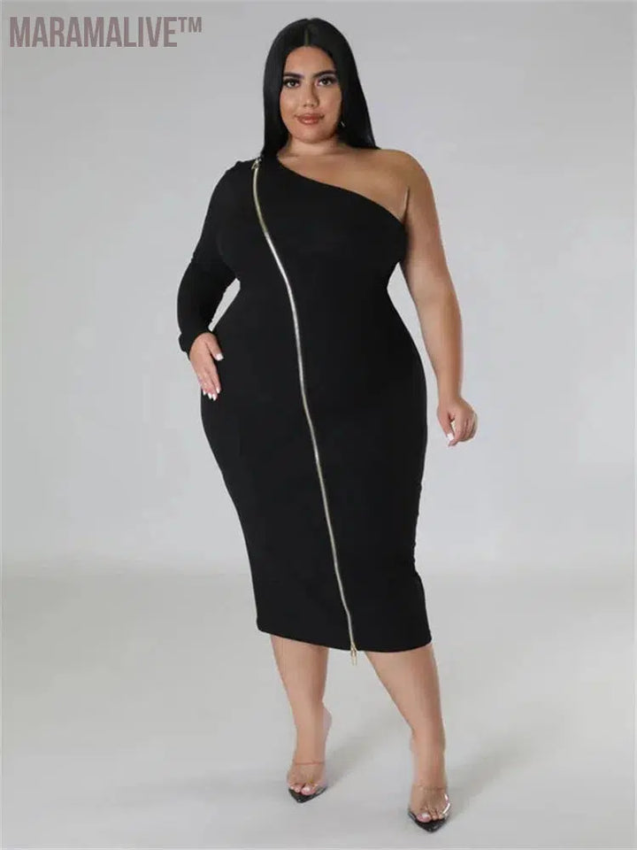 Plus Size Dresses for Women Single Sleeve Elegant Solid Sexy Zipper Maxi Dress New Summer Clothes