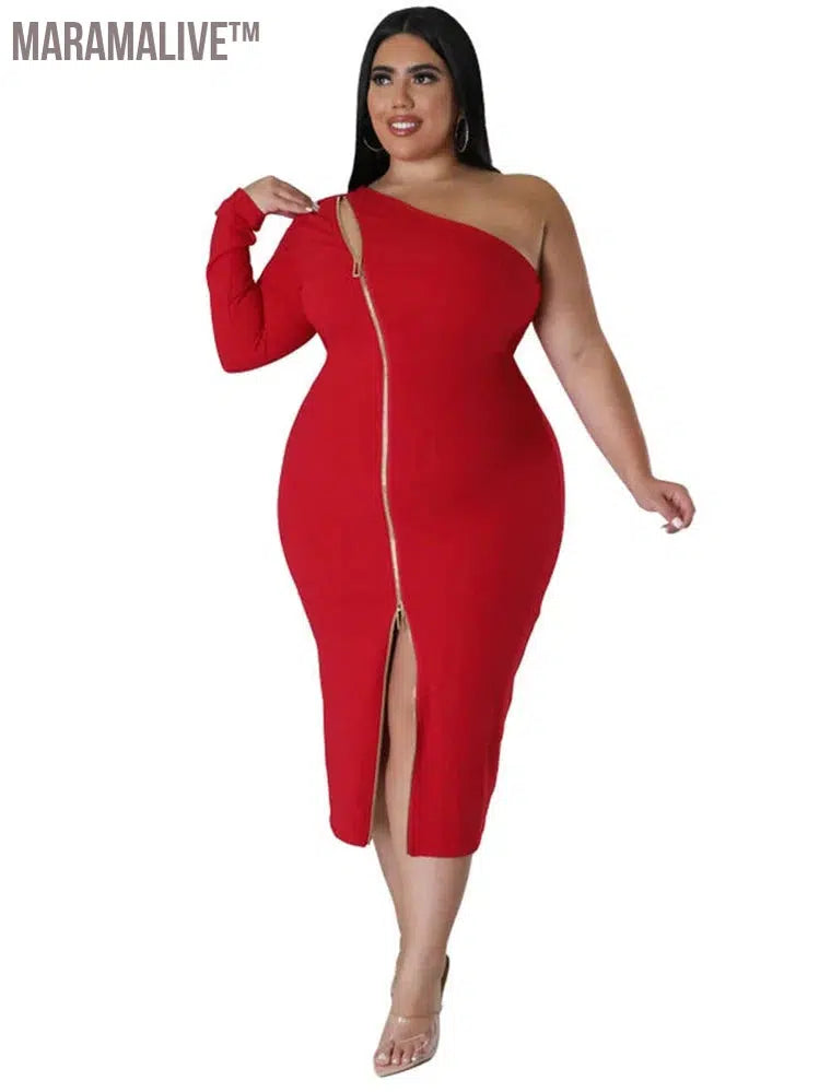 Plus Size Dresses for Women Single Sleeve Elegant Solid Sexy Zipper Maxi Dress New Summer Clothes