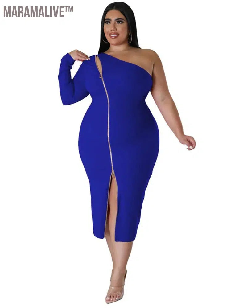 Plus Size Dresses for Women Single Sleeve Elegant Solid Sexy Zipper Maxi Dress New Summer Clothes