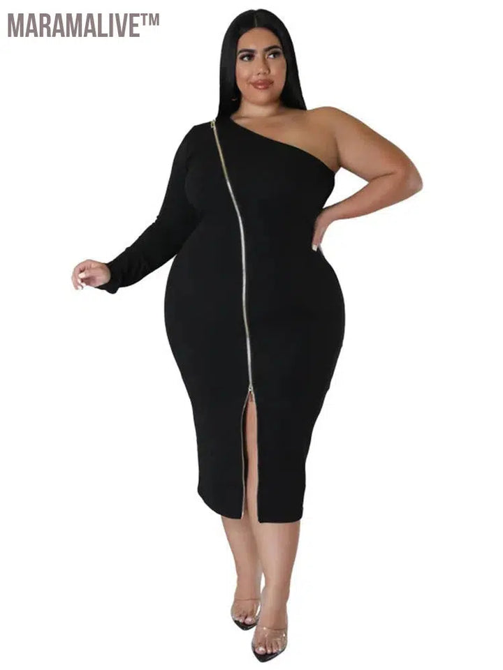 Plus Size Dresses for Women Single Sleeve Elegant Solid Sexy Zipper Maxi Dress New Summer Clothes