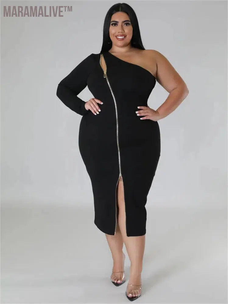 Plus Size Dresses for Women Single Sleeve Elegant Solid Sexy Zipper Maxi Dress New Summer Clothes