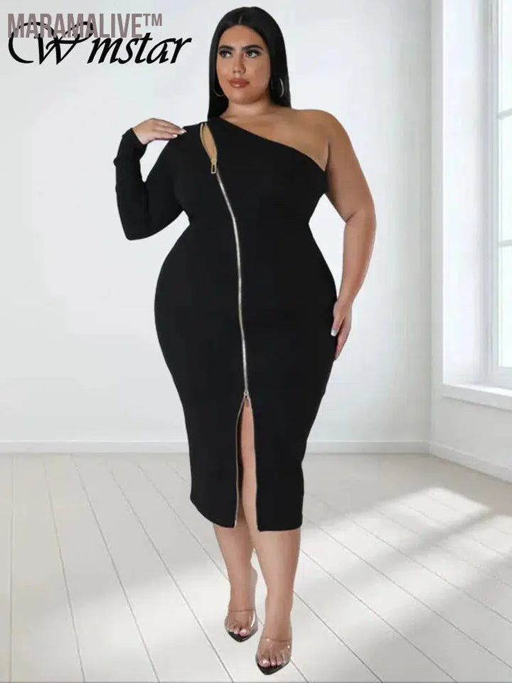 Plus Size Dresses for Women Single Sleeve Elegant Solid Sexy Zipper Maxi Dress New Summer Clothes