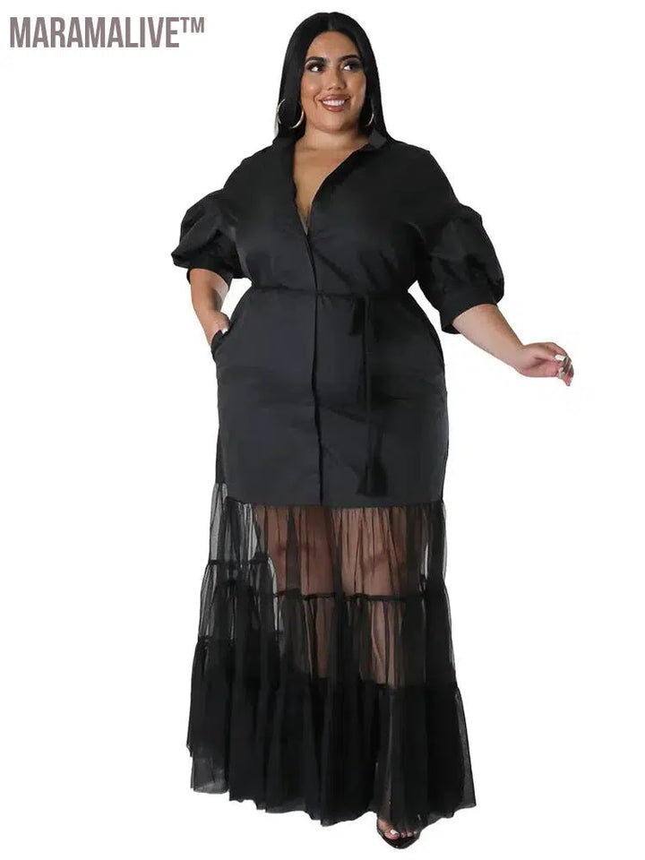 Plus Size Dresses for Women Solid Loose Mesh Patchwork New in Fall Big Hem Maxi Shirts Dress