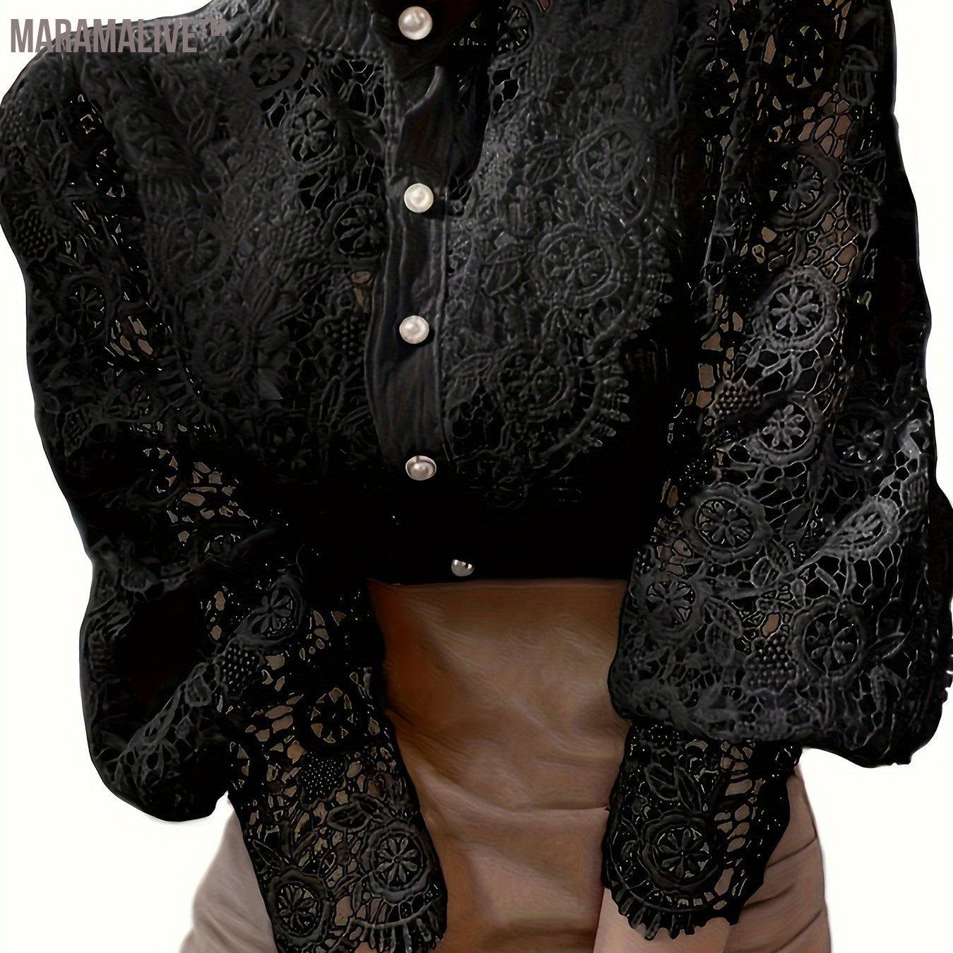 Plus Size Elegant Blouse, Women's Plus Solid Contrast Lace Lantern Sleeve Button Up Mock Neck Shirt Top