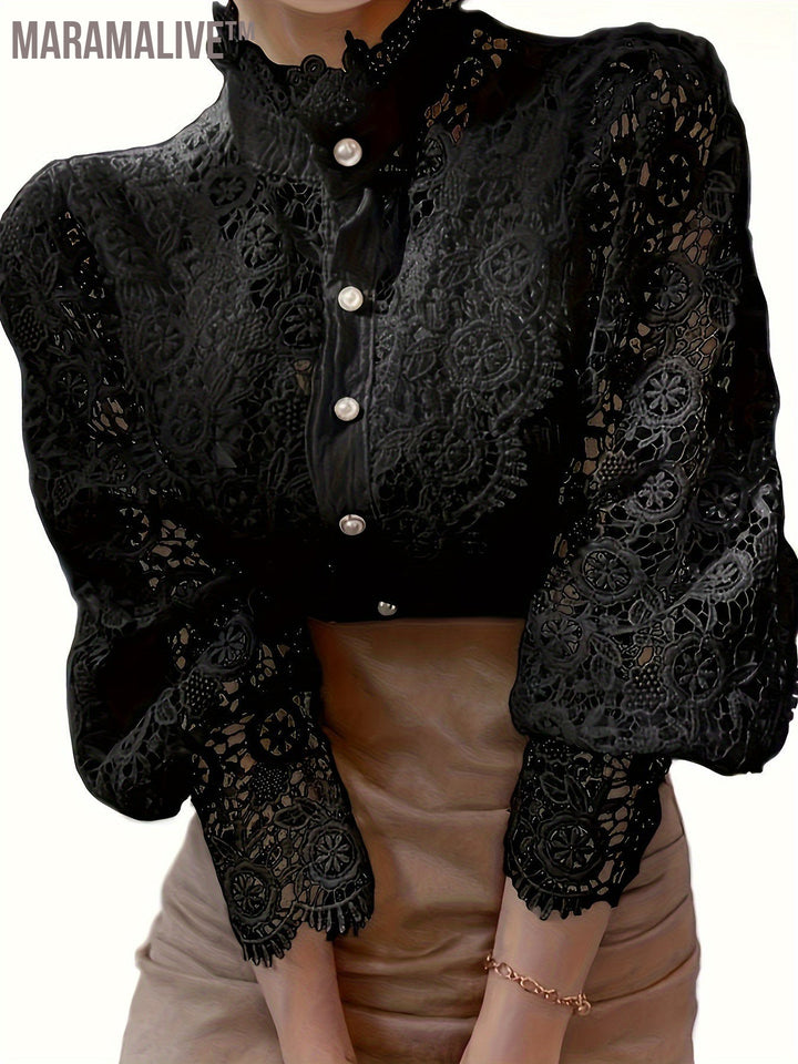 Plus Size Elegant Blouse, Women's Plus Solid Contrast Lace Lantern Sleeve Button Up Mock Neck Shirt Top