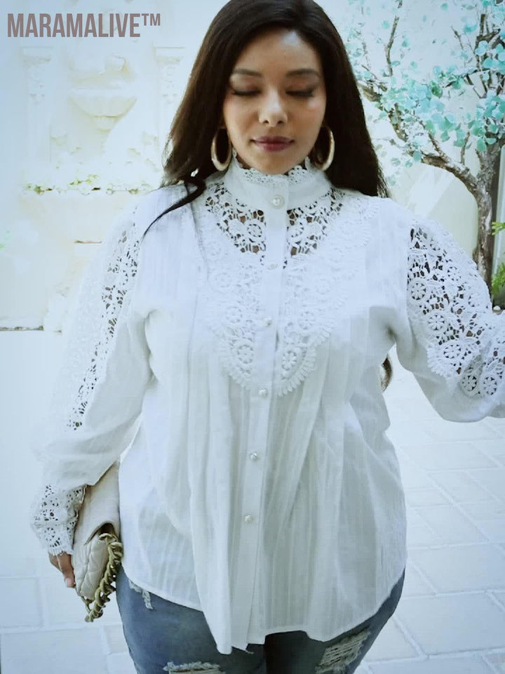 Plus Size Elegant Blouse, Women's Plus Solid Contrast Lace Lantern Sleeve Button Up Mock Neck Shirt Top