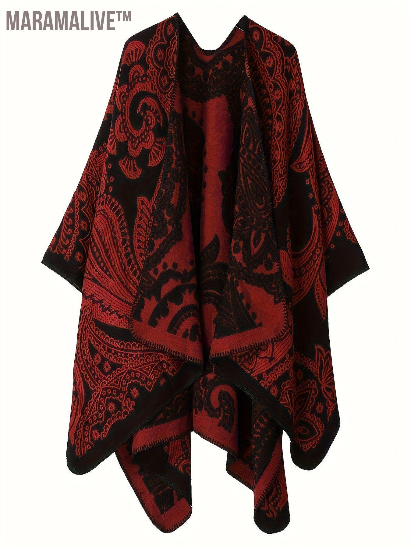 Plus Size Ethnic Style Coat, Women's Plus Tribal Print Batwing Sleeve Open Front Waterfall Collar Shawl Cape Coat