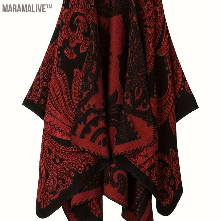 Plus Size Ethnic Style Coat, Women's Plus Tribal Print Batwing Sleeve Open Front Waterfall Collar Shawl Cape Coat