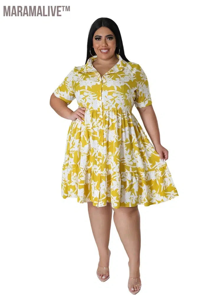 Plus Size Midi Dress Women Floral Print Female A Line Elegant Spring Summer Short sleeve Dress Casual Party Dresses