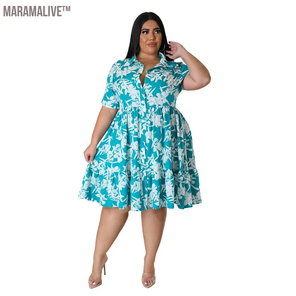 Plus Size Midi Dress Women Floral Print Female A Line Elegant Spring Summer Short sleeve Dress Casual Party Dresses