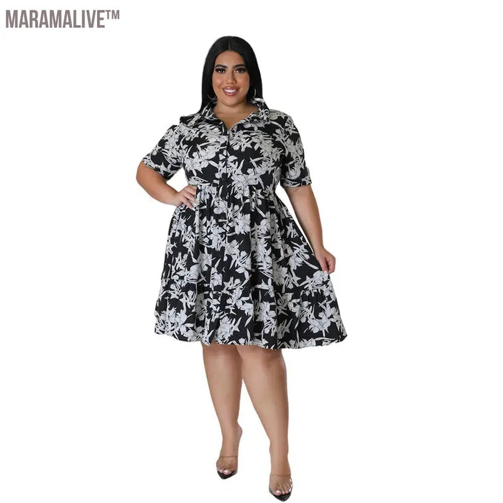 Plus Size Midi Dress Women Floral Print Female A Line Elegant Spring Summer Short sleeve Dress Casual Party Dresses