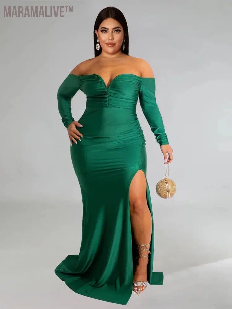 Plus Size Party Dresses for Women Off Shoulder V Neck Slip Hem Elegant Full Length Maxi Dress