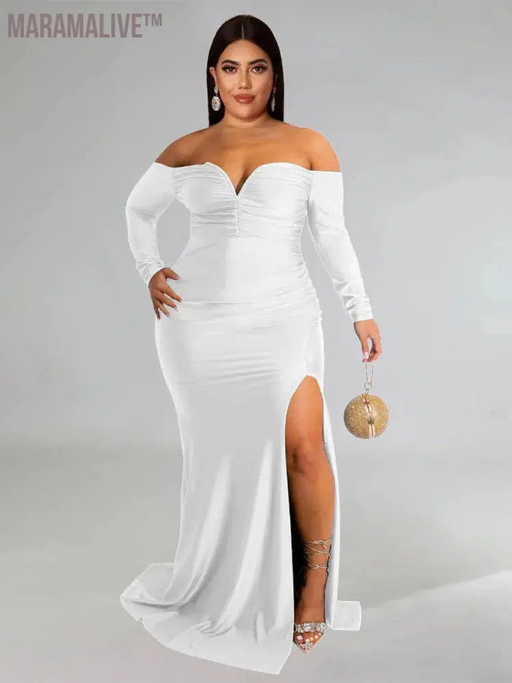 Plus Size Party Dresses for Women Off Shoulder V Neck Slip Hem Elegant Full Length Maxi Dress