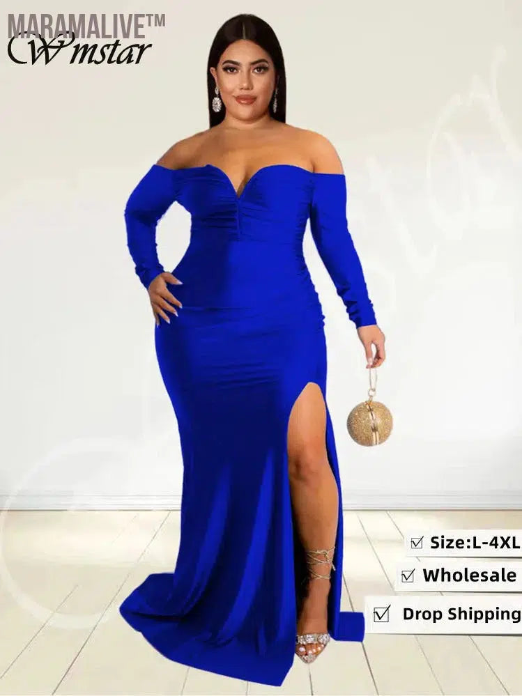 Plus Size Party Dresses for Women Off Shoulder V Neck Slip Hem Elegant Full Length Maxi Dress