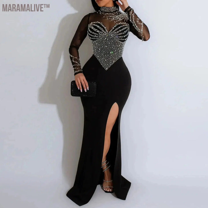 Plus Size Pearl Party Dress Female Diamond Sheer Mesh Clothing Evening Luxury Club Outfit 2024 Spring Elegant Pretty Women Dress