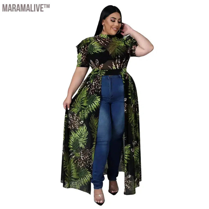 Plus Size Plus Size T-Shirts Print Women Tops Puff Short Sleeve Mesh See Through Sexy Chiffon