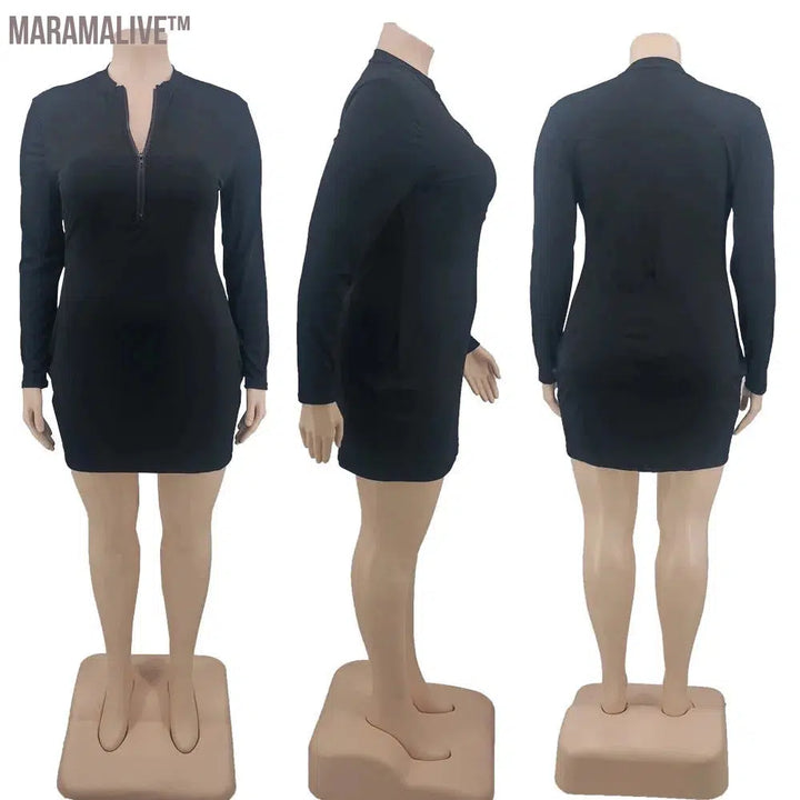 Plus Size Sexy Dress Fall Women's Clothing Pit Strip Solid Long Sleeve Zipper Stand Collar Stretch Urban Casual Large 5XL