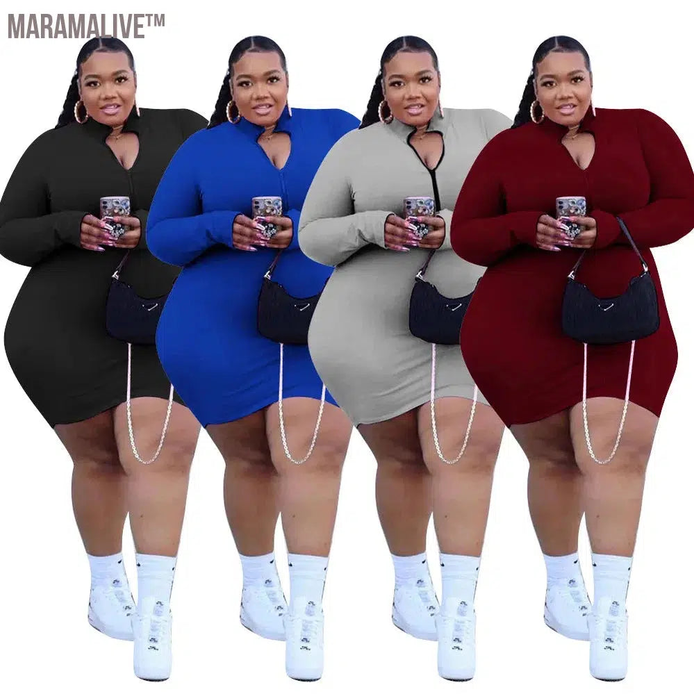 Plus Size Sexy Dress Fall Women's Clothing Pit Strip Solid Long Sleeve Zipper Stand Collar Stretch Urban Casual Large 5XL