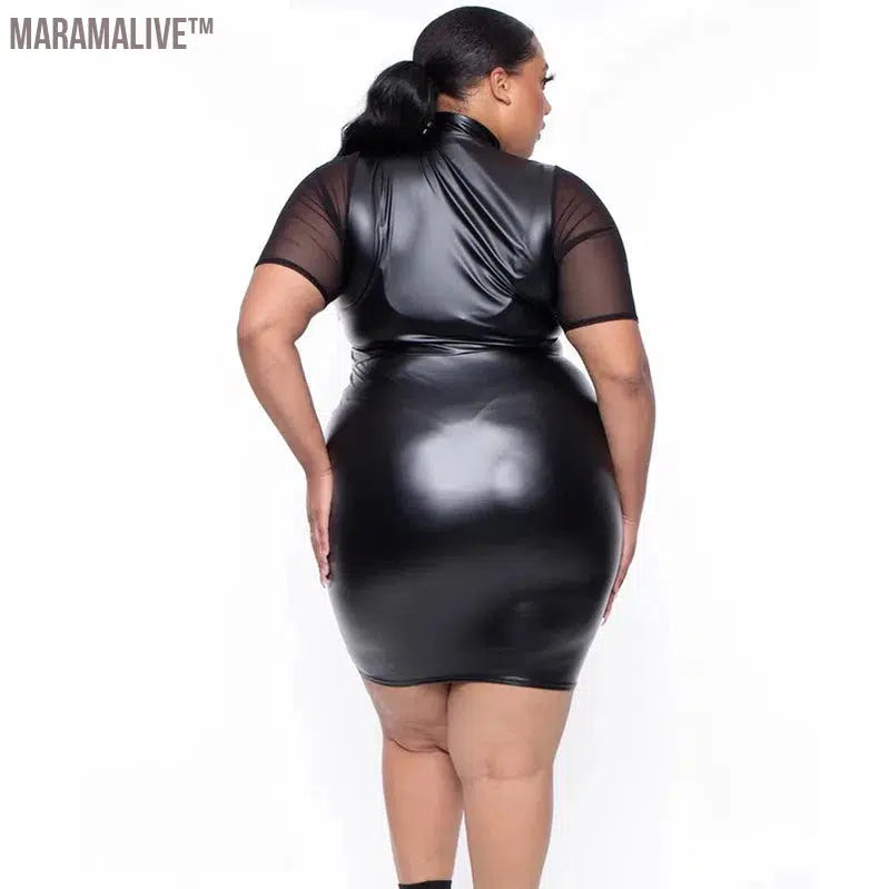 Plus Size Sheer Leather Mini Dress Female Patchwork Mesh Outfit 2023 Women Fashion Elegant Clothing Large Size One Piece Dress