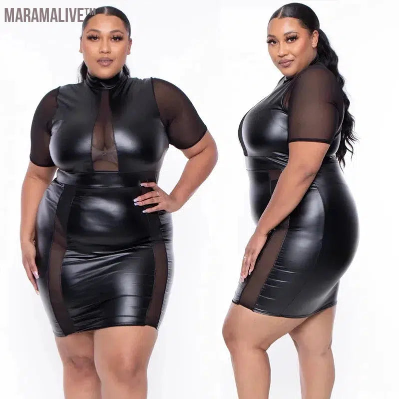 Plus Size Sheer Leather Mini Dress Female Patchwork Mesh Outfit 2023 Women Fashion Elegant Clothing Large Size One Piece Dress