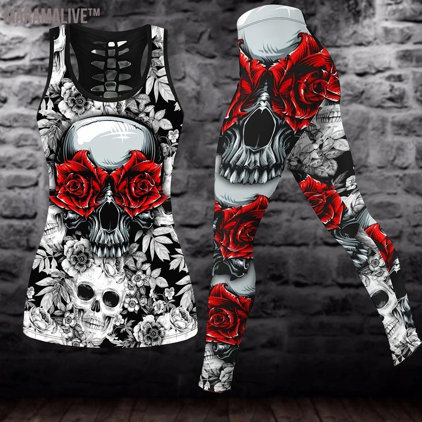 Plus Size Skull & Floral Print Two-piece Set, Crew Neck Racerback Tank Top & Slim Pants Outfits, Women's Plus Size Clothing