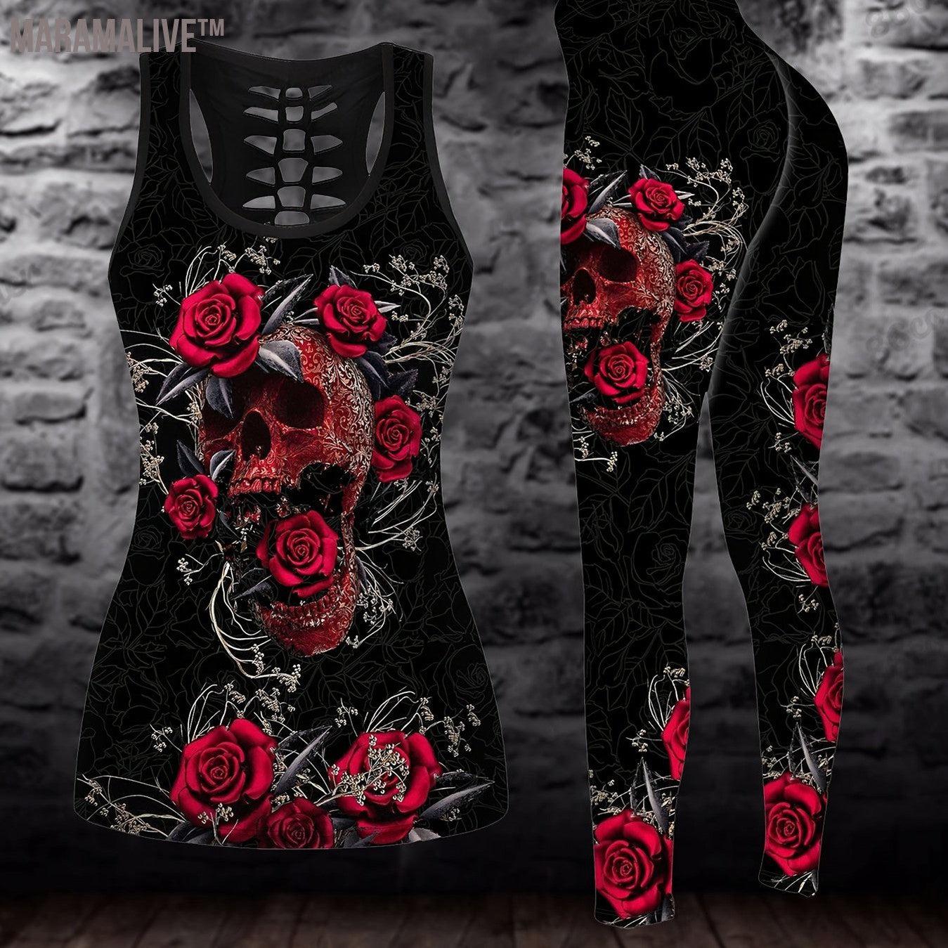 Plus Size Skull & Floral Print Two-piece Set, Crew Neck Racerback Tank Top & Slim Pants Outfits, Women's Plus Size Clothing