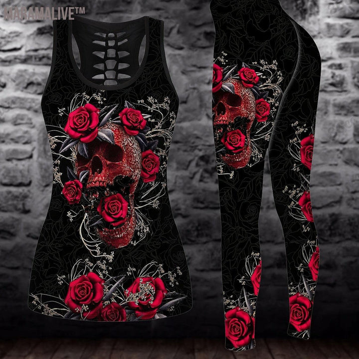 Plus Size Skull & Floral Print Two-piece Set, Crew Neck Racerback Tank Top & Slim Pants Outfits, Women's Plus Size Clothing