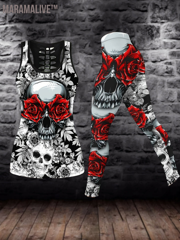 Plus Size Skull & Floral Print Two-piece Set, Crew Neck Racerback Tank Top & Slim Pants Outfits, Women's Plus Size Clothing