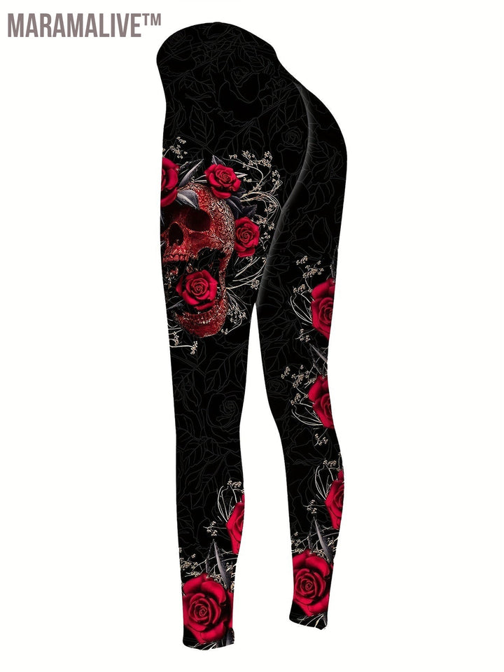 Plus Size Skull & Floral Print Two-piece Set, Crew Neck Racerback Tank Top & Slim Pants Outfits, Women's Plus Size Clothing