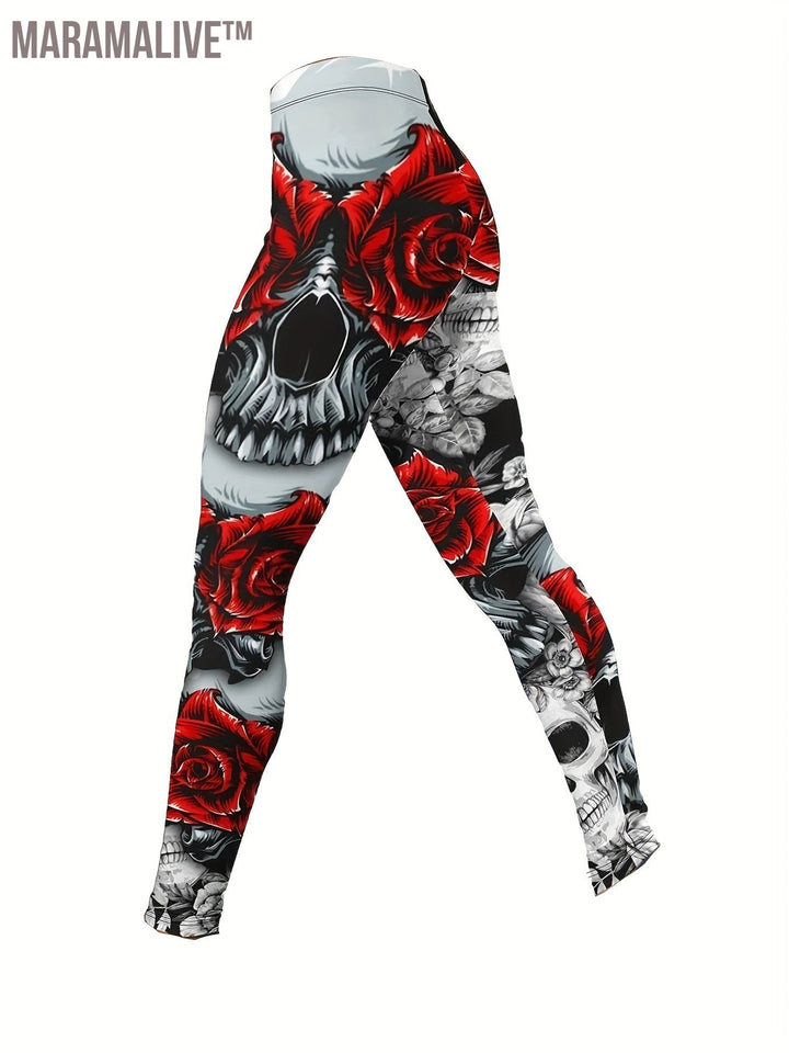 Plus Size Skull & Floral Print Two-piece Set, Crew Neck Racerback Tank Top & Slim Pants Outfits, Women's Plus Size Clothing