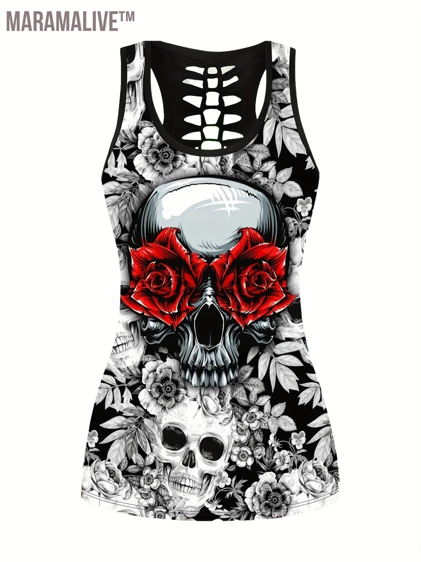 Plus Size Skull & Floral Print Two-piece Set, Crew Neck Racerback Tank Top & Slim Pants Outfits, Women's Plus Size Clothing