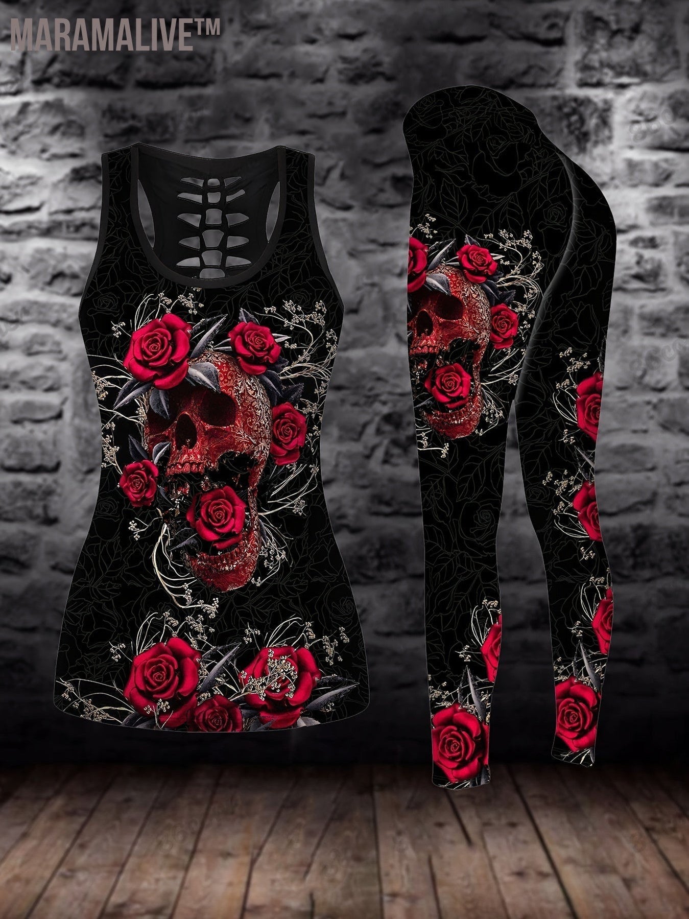 Plus Size Skull & Floral Print Two-piece Set, Crew Neck Racerback Tank Top & Slim Pants Outfits, Women's Plus Size Clothing