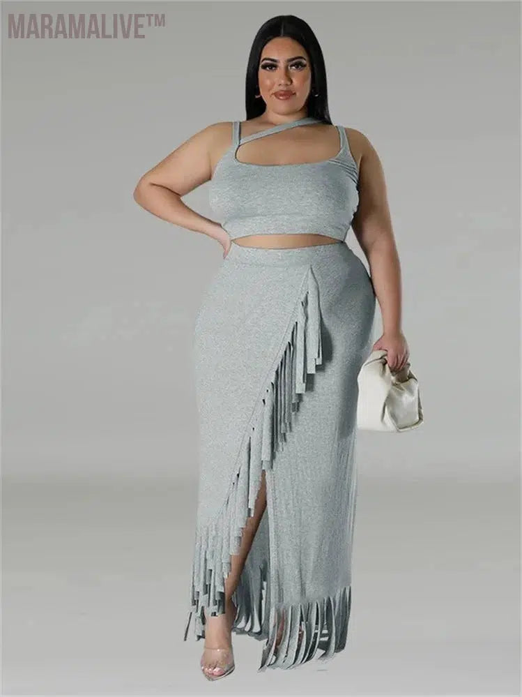 Plus Size Two Piece Set Women Summer Sexy Crop Top Long Skirt Sets Tassel Casual Matching Suit