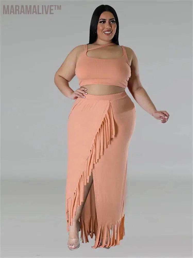 Plus Size Two Piece Set Women Summer Sexy Crop Top Long Skirt Sets Tassel Casual Matching Suit