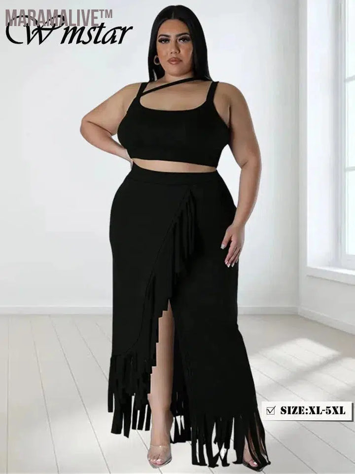 Plus Size Two Piece Set Women Summer Sexy Crop Top Long Skirt Sets Tassel Casual Matching Suit