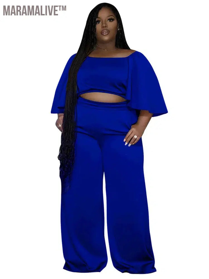 Plus Size Two Piece Sets Women Clothing Solid Off Shoulder Tops and Pants Wide Leg Matching Set