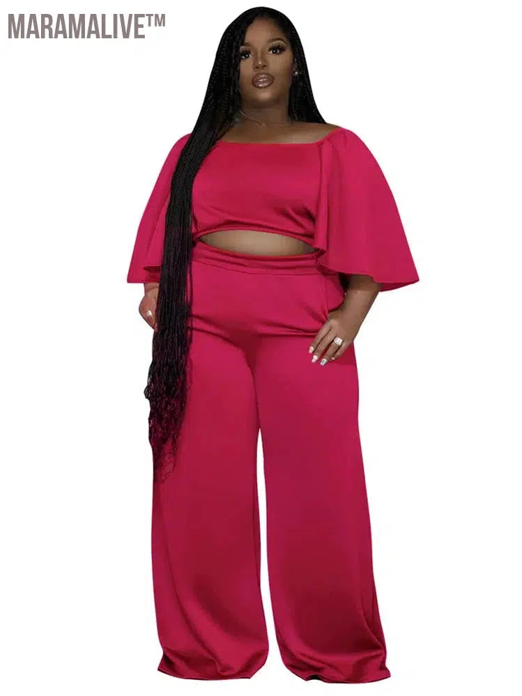 Plus Size Two Piece Sets Women Clothing Solid Off Shoulder Tops and Pants Wide Leg Matching Set