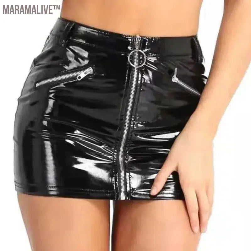 Plus Size Wetlook Latex Mini Skirts Women Sexy Leather Bodycoon Hip Wrap Skirt High Waist Zipper Skirts Night Party Clubwear