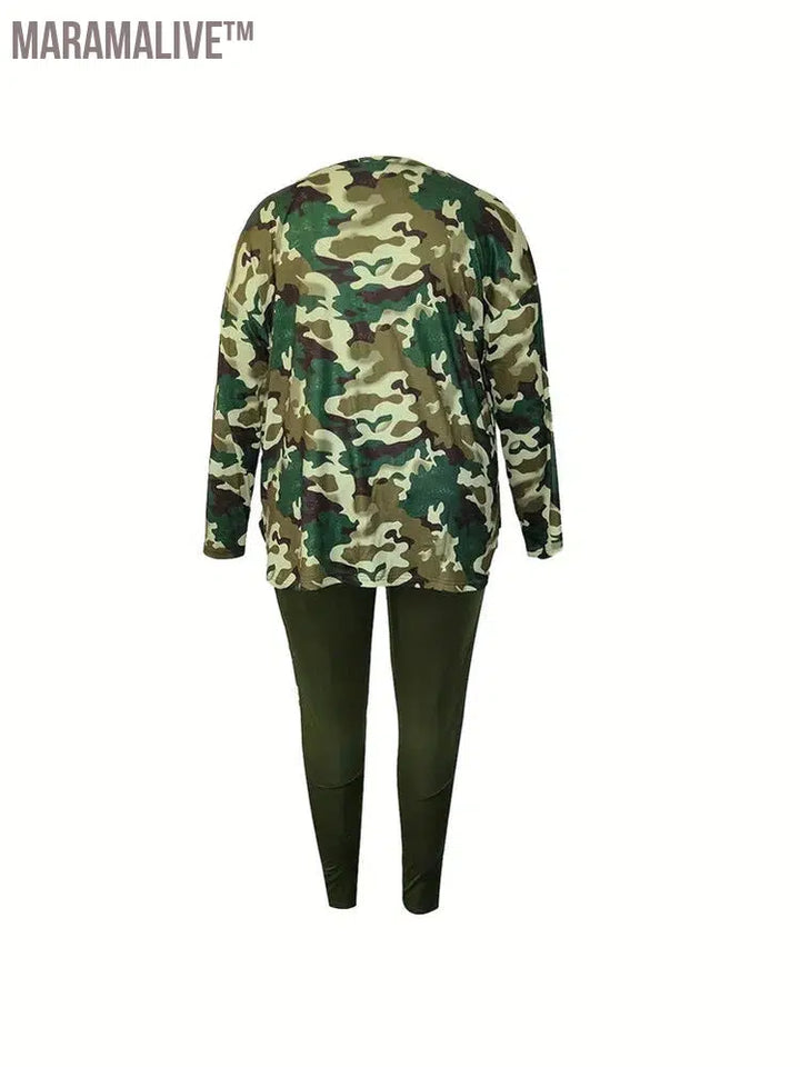 Plus Size Women Clothes Camouflage Printed Stretch Long Sleeve Shorts Fashion Casual Two Piece Set