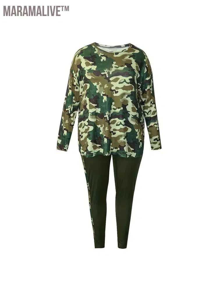 Plus Size Women Clothes Camouflage Printed Stretch Long Sleeve Shorts Fashion Casual Two Piece Set